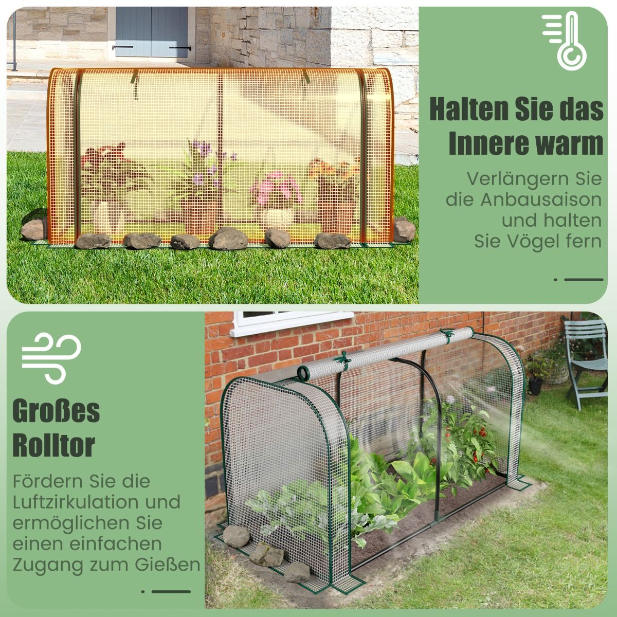 Foliengewächshaus, 2 in 1, Gewächshaus mit Aufrollbarer Reißverschlusstür PE-Abdeckung für Hochbeet, Gewächshaus folie, 118x55x60 cm, Weiß, Costway, 6