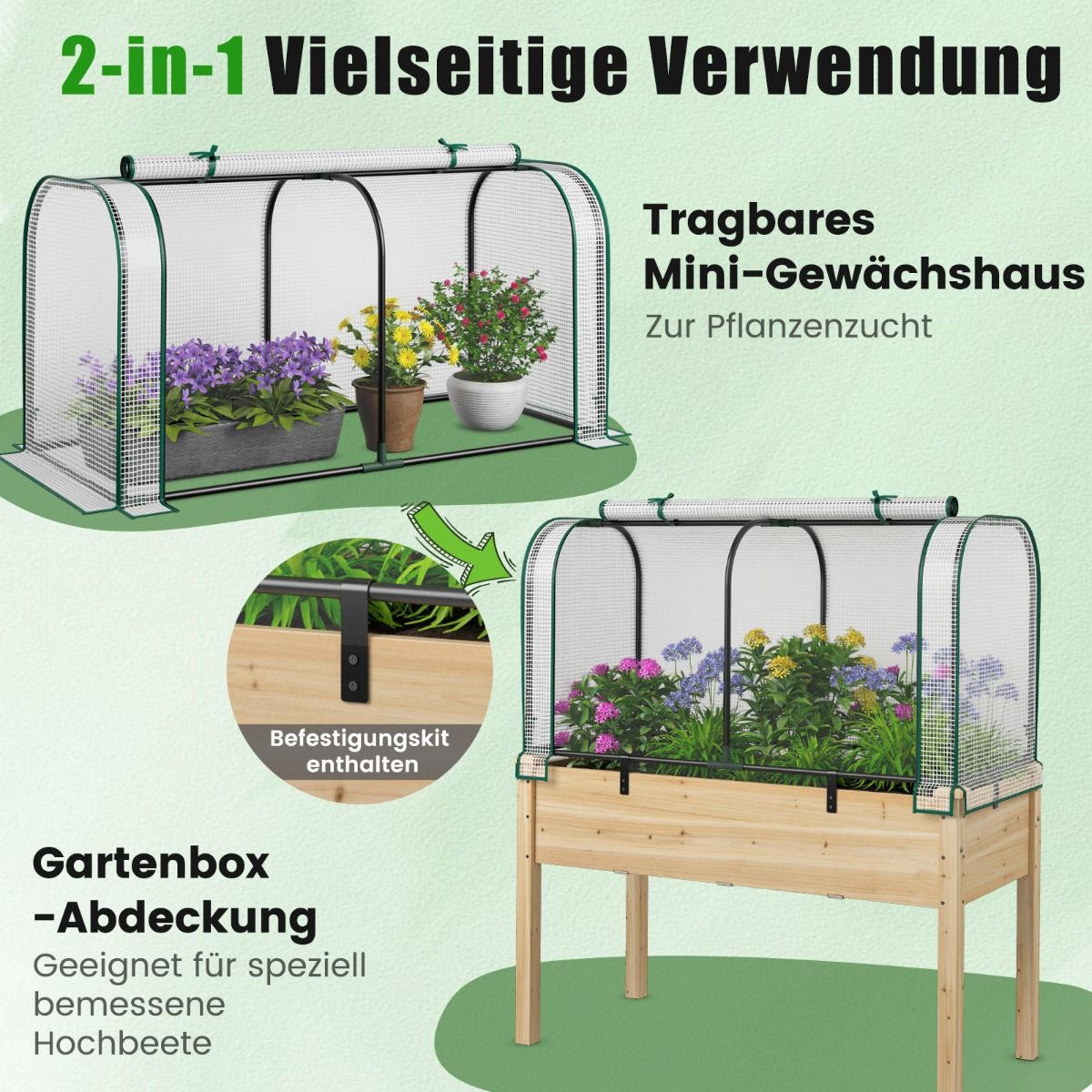 Foliengewächshaus, 2 in 1, Gewächshaus mit Aufrollbarer Reißverschlusstür PE-Abdeckung für Hochbeet, Gewächshaus folie, 118x55x60 cm, Weiß, Costway, 7