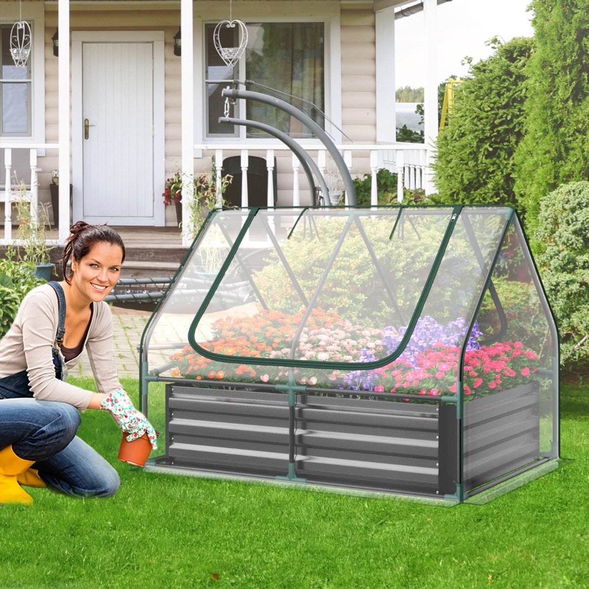 Foliengewächshaus, 3 in 1 Gewächshaus garten, mit Hochbeet Metall Pflanzkasten PVC-Folie Blumenbeet mit zwei Fenstern 129x97x96 cm, Silber, Costway, 1