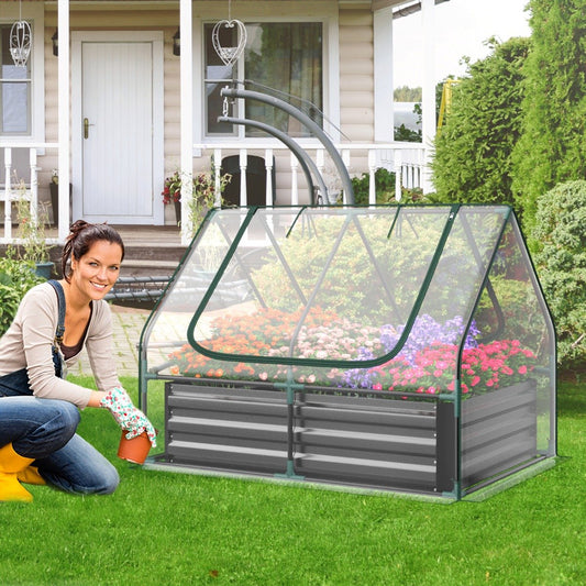 Foliengewächshaus, 3 in 1 Gewächshaus garten, mit Hochbeet Metall Pflanzkasten PVC-Folie Blumenbeet mit zwei Fenstern 129x97x96 cm, Silber, Costway, 1