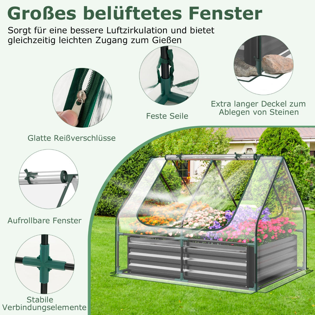Foliengewächshaus, 3 in 1 Gewächshaus garten, mit Hochbeet Metall Pflanzkasten PVC-Folie Blumenbeet mit zwei Fenstern 129x97x96 cm, Silber, Costway, 2