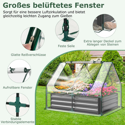 Foliengewächshaus, 3 in 1 Gewächshaus garten, mit Hochbeet Metall Pflanzkasten PVC-Folie Blumenbeet mit zwei Fenstern 129x97x96 cm, Silber, Costway, 2