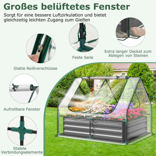 Foliengewächshaus, 3 in 1 Gewächshaus garten, mit Hochbeet Metall Pflanzkasten PVC-Folie Blumenbeet mit zwei Fenstern 129x97x96 cm, Silber, Costway, 2