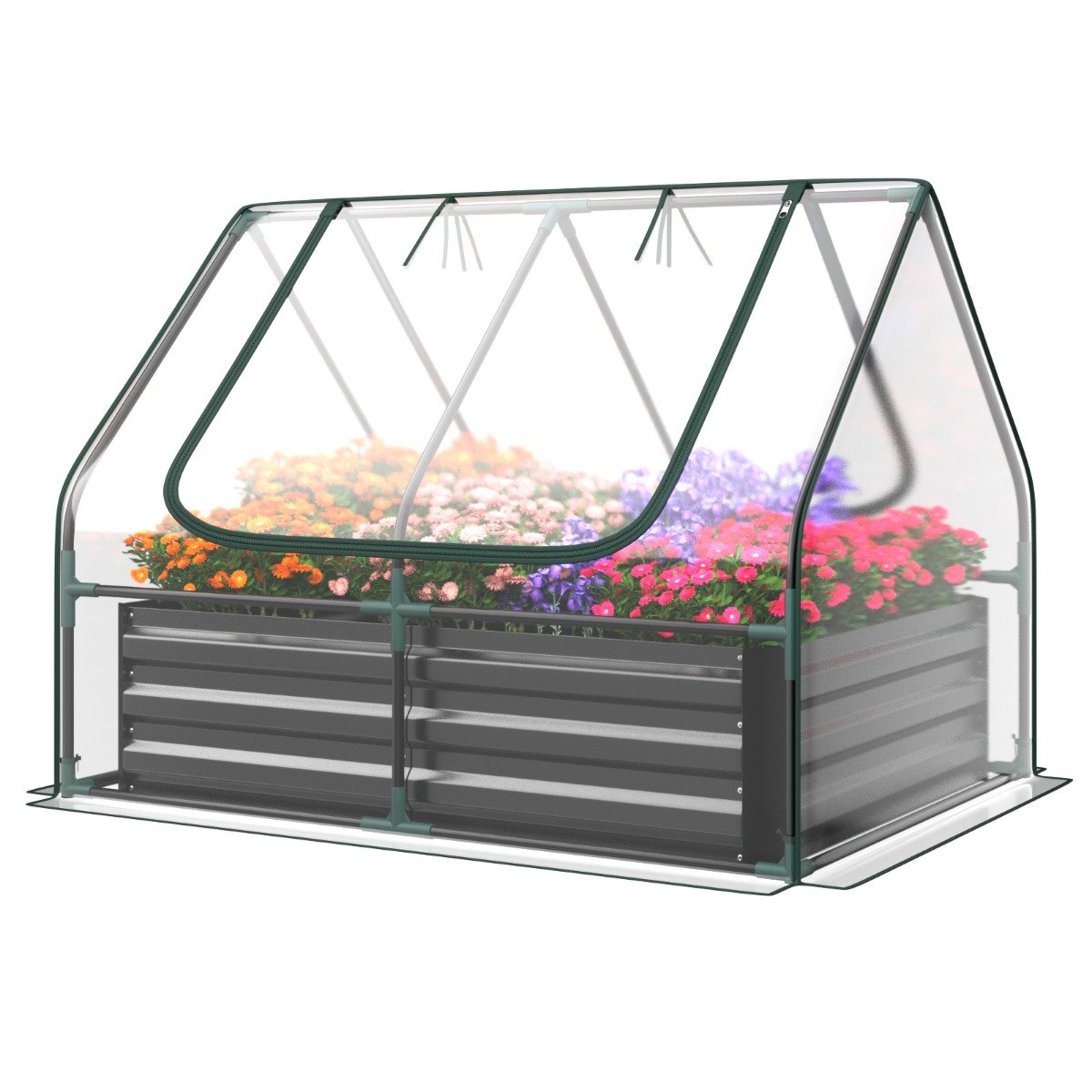 Foliengewächshaus, 3 in 1 Gewächshaus garten, mit Hochbeet Metall Pflanzkasten PVC-Folie Blumenbeet mit zwei Fenstern 129x97x96 cm, Silber, Costway, 3