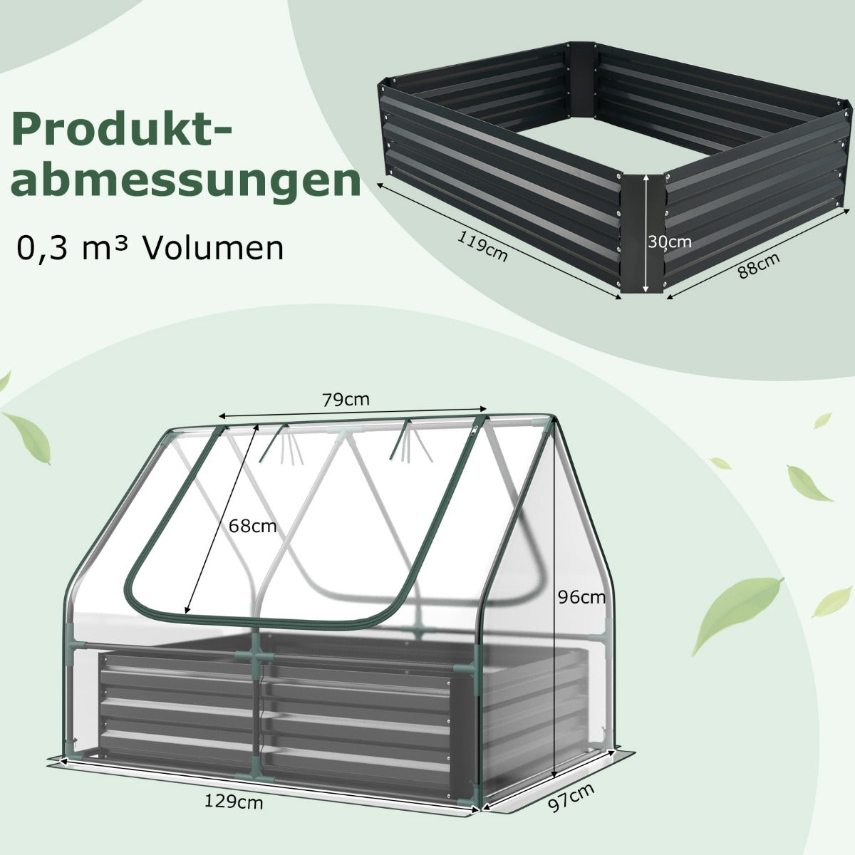 Foliengewächshaus, 3 in 1 Gewächshaus garten, mit Hochbeet Metall Pflanzkasten PVC-Folie Blumenbeet mit zwei Fenstern 129x97x96 cm, Silber, Costway, 4