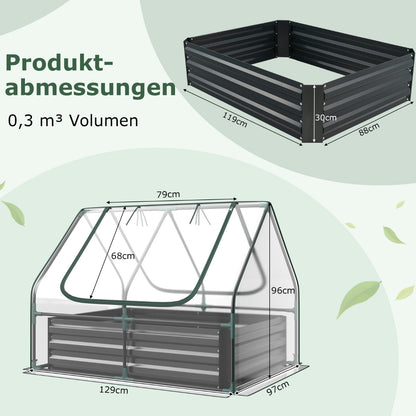 Foliengewächshaus, 3 in 1 Gewächshaus garten, mit Hochbeet Metall Pflanzkasten PVC-Folie Blumenbeet mit zwei Fenstern 129x97x96 cm, Silber, Costway, 4