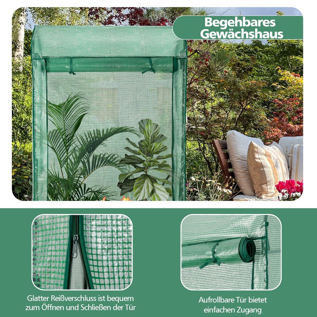Foliengewächshaus, Gewächshaus garten, Gartengewächshaus, Gewächshaus folie, 100 x 50 x 170 cm Begehbares, Foliengewächshaus stabil, Grün, Costway, 6