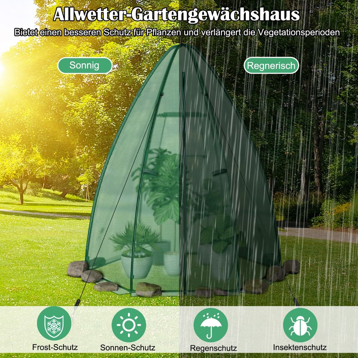 Foliengewächshaus, Gewächshaus garten, Gewächshaus folie, Stabil, mit Allwetter-PE-Abdeckung, 160 x 160 x 183 cm, Grün, Costway, 2