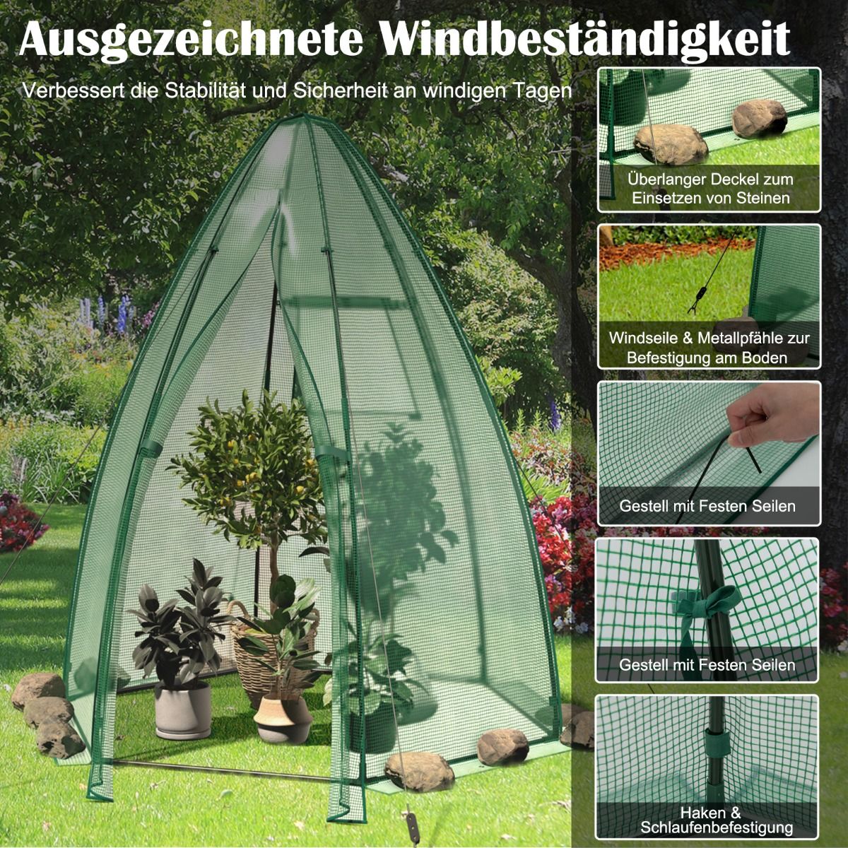 Foliengewächshaus, Gewächshaus garten, Gewächshaus folie, Stabil, mit Allwetter-PE-Abdeckung, 160 x 160 x 183 cm, Grün, Costway, 7