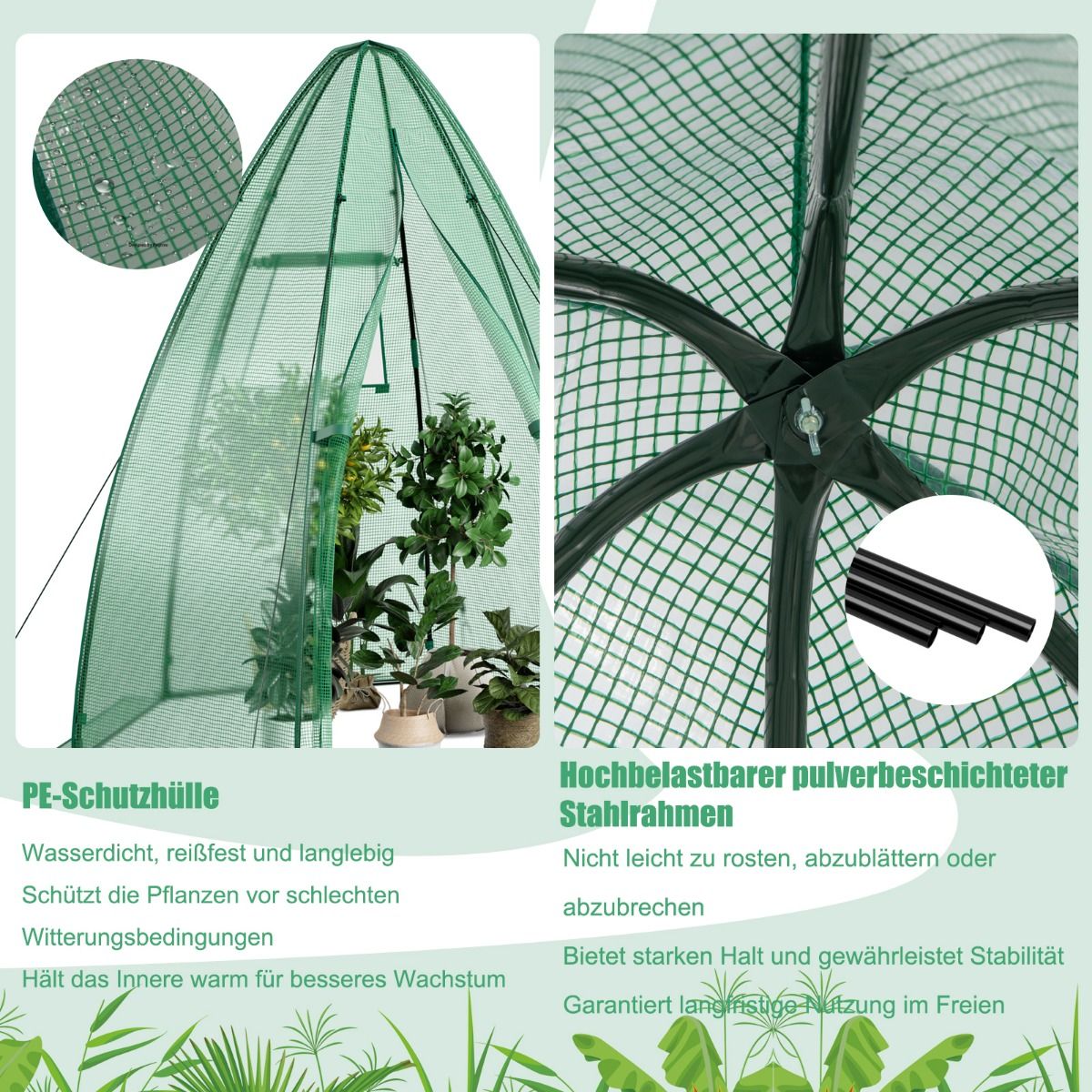 Foliengewächshaus, Gewächshaus garten, Gewächshaus folie, Stabil, mit Allwetter-PE-Abdeckung, 160 x 160 x 183 cm, Grün, Costway, 8
