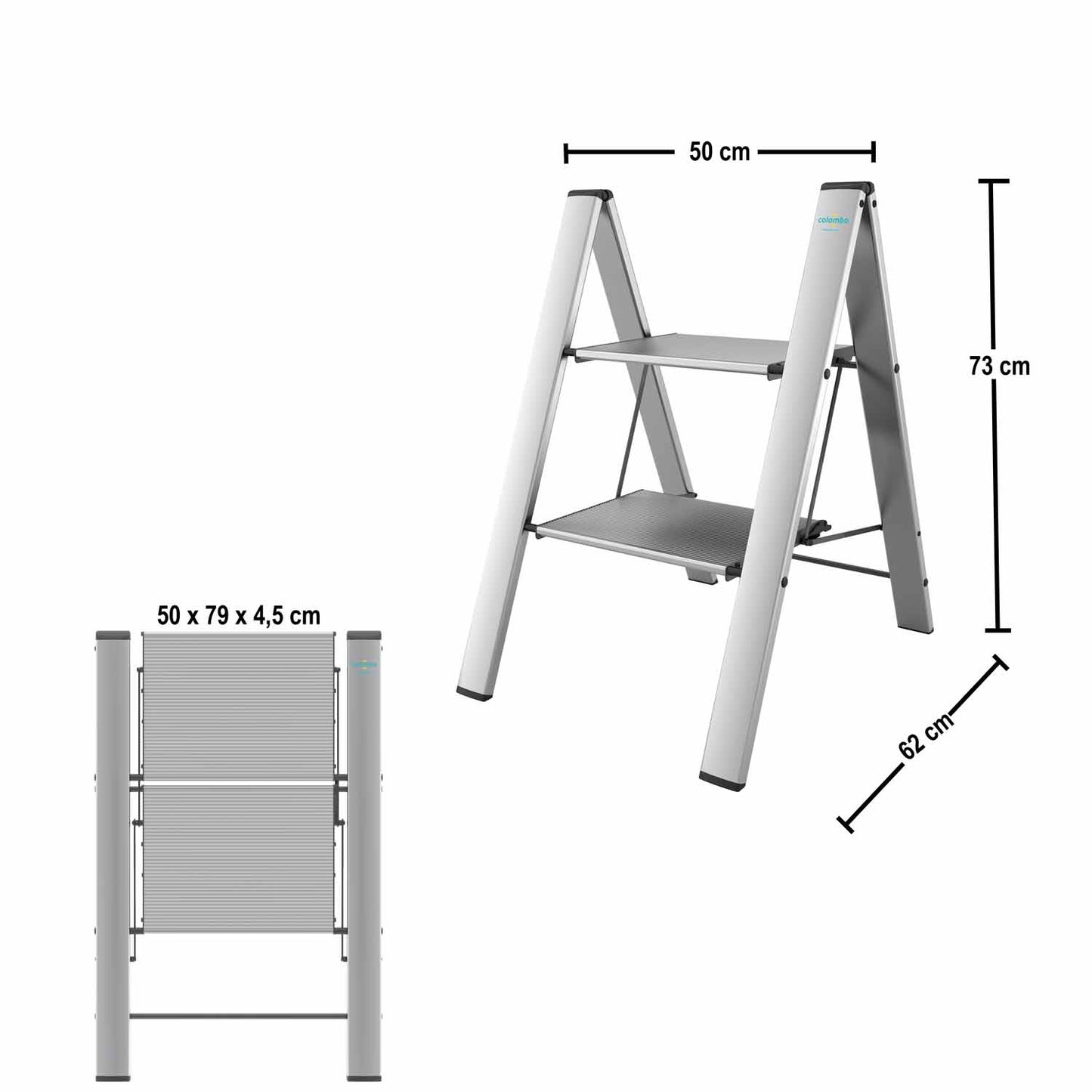 Colombo Leonardo 2 - Trittleiter, trittleiter 2 stufen, Kompakt klappbar auf 79x50x4,5 cm, 4,5 kg leicht