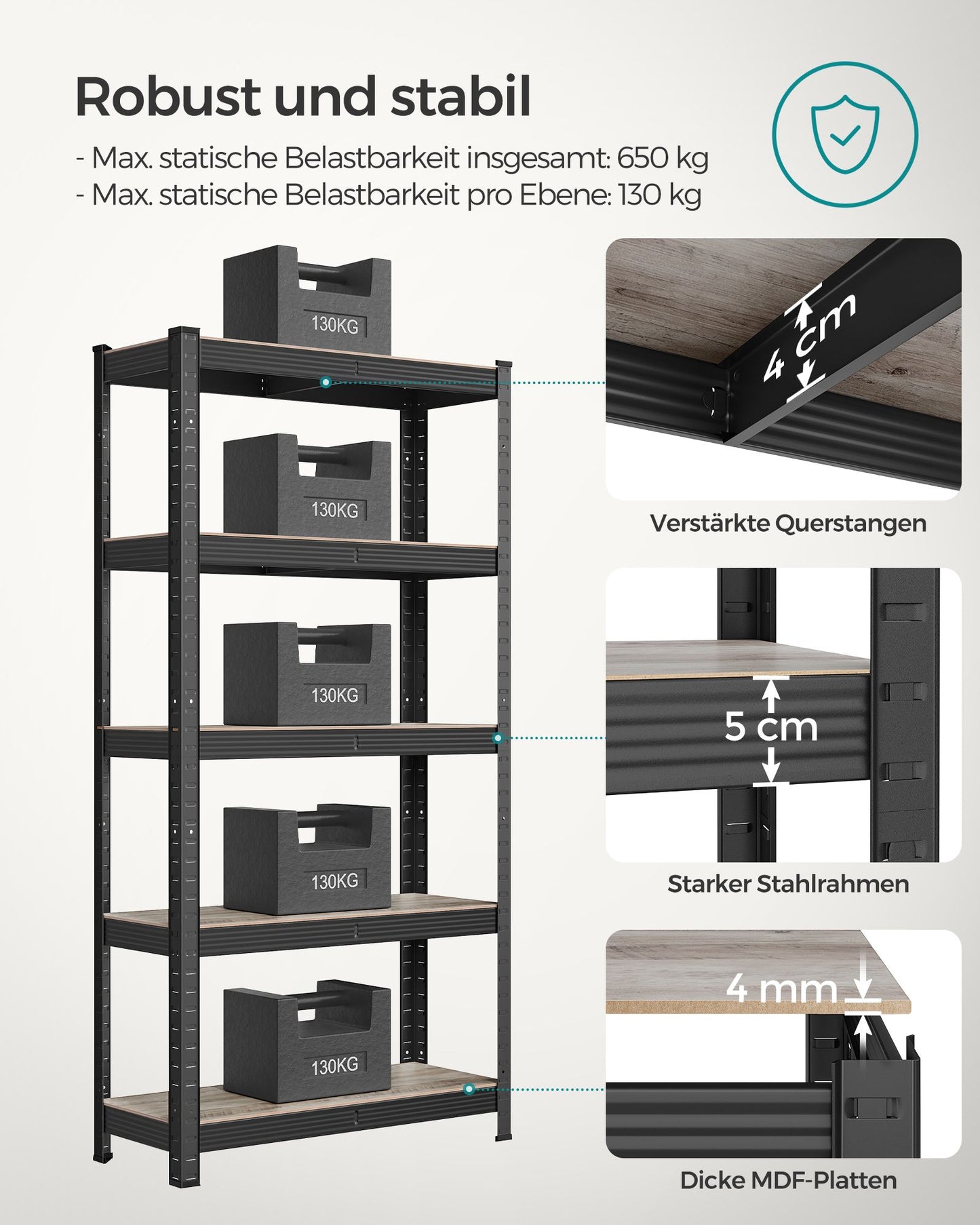 Schwerlastregal, Kellerregal, Lastenregal, 5 Ablagen, Regal Schmal, 30x75x150cm, bis 650 kg, Greige-Schwarz, Songmics, 3