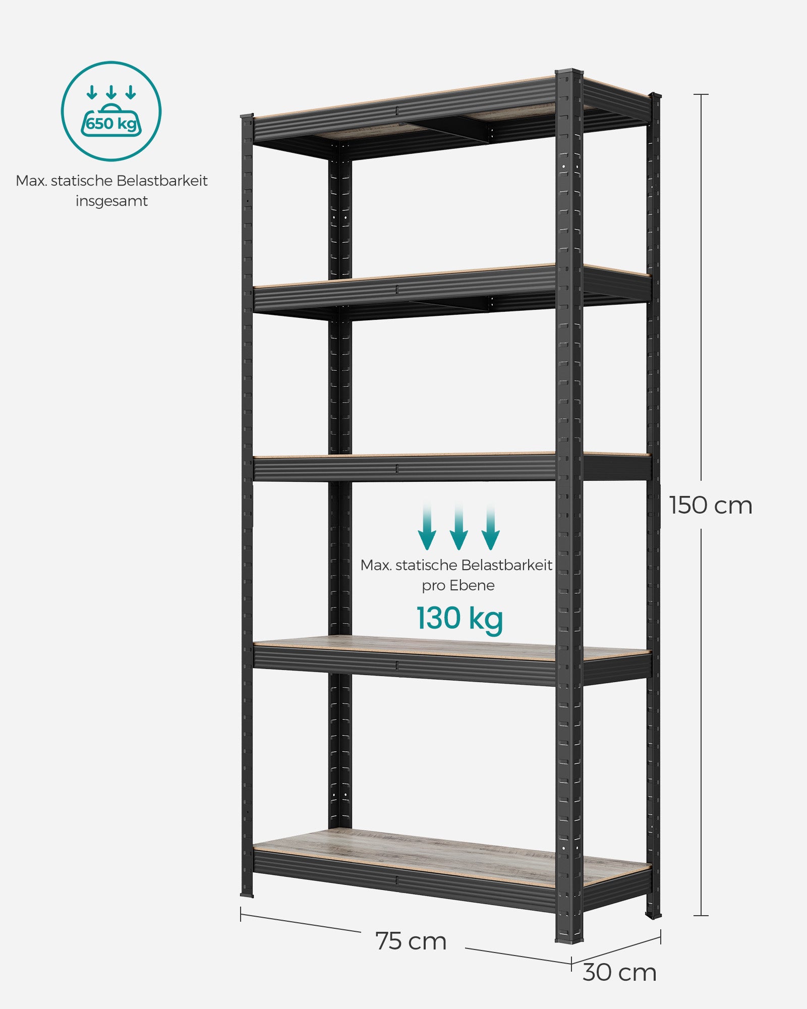 Schwerlastregal, Kellerregal, Lastenregal, 5 Ablagen, Regal Schmal, 30x75x150cm, bis 650 kg, Greige-Schwarz, Songmics, 7