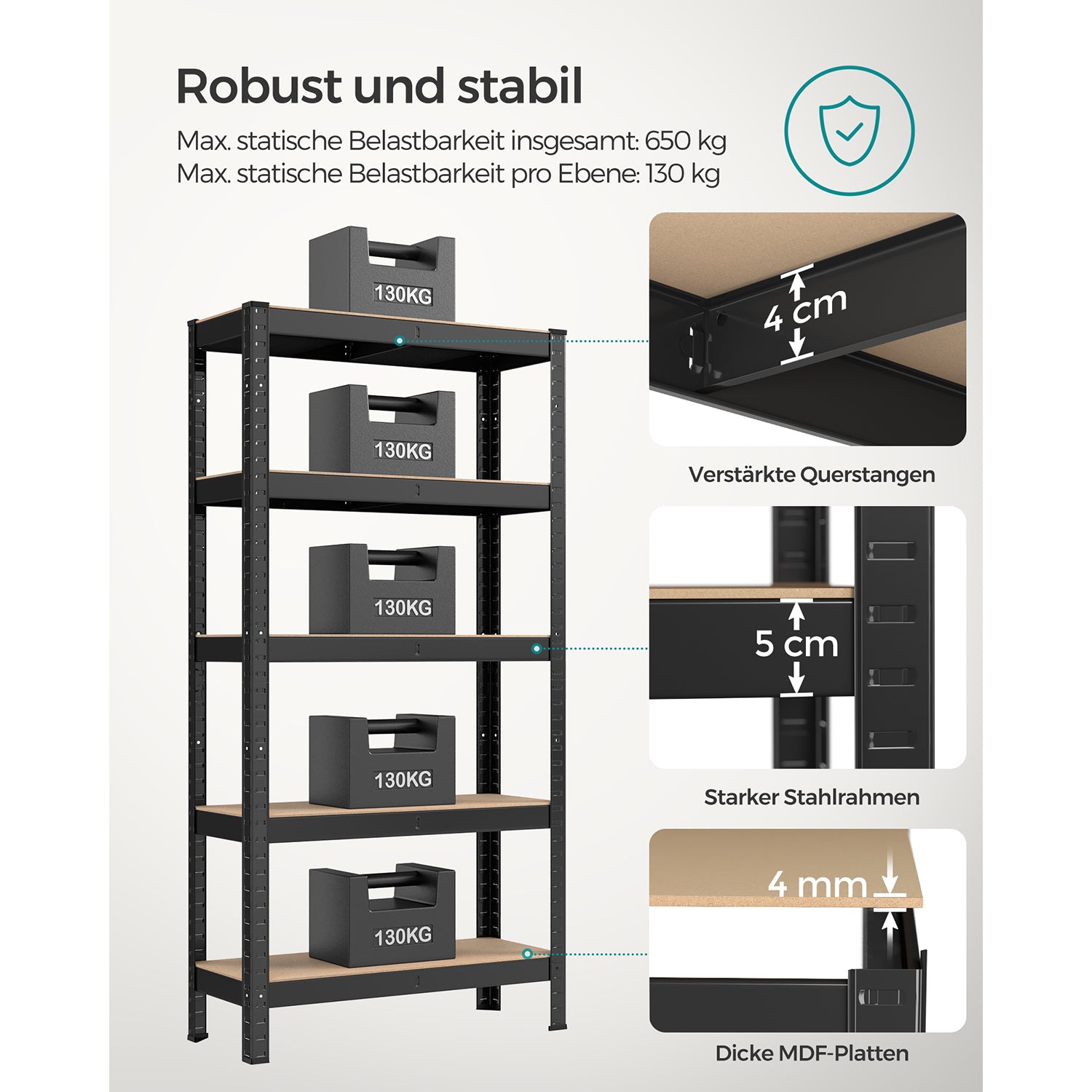 Schwerlastregal, Kellerregal, Lastenregal, 5 Ablagen, Regal Schmal, 30x75x150cm, bis 650 kg, Schwarz, Songmics, 3