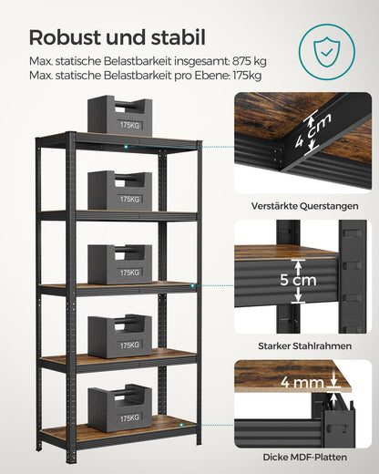 Schwerlastregal, Kellerregal, Lastenregal, 5 Ablagen, Standregal, 40x90x180cm, bis zu 875 kg, braun-schwarz, Songmics, 3