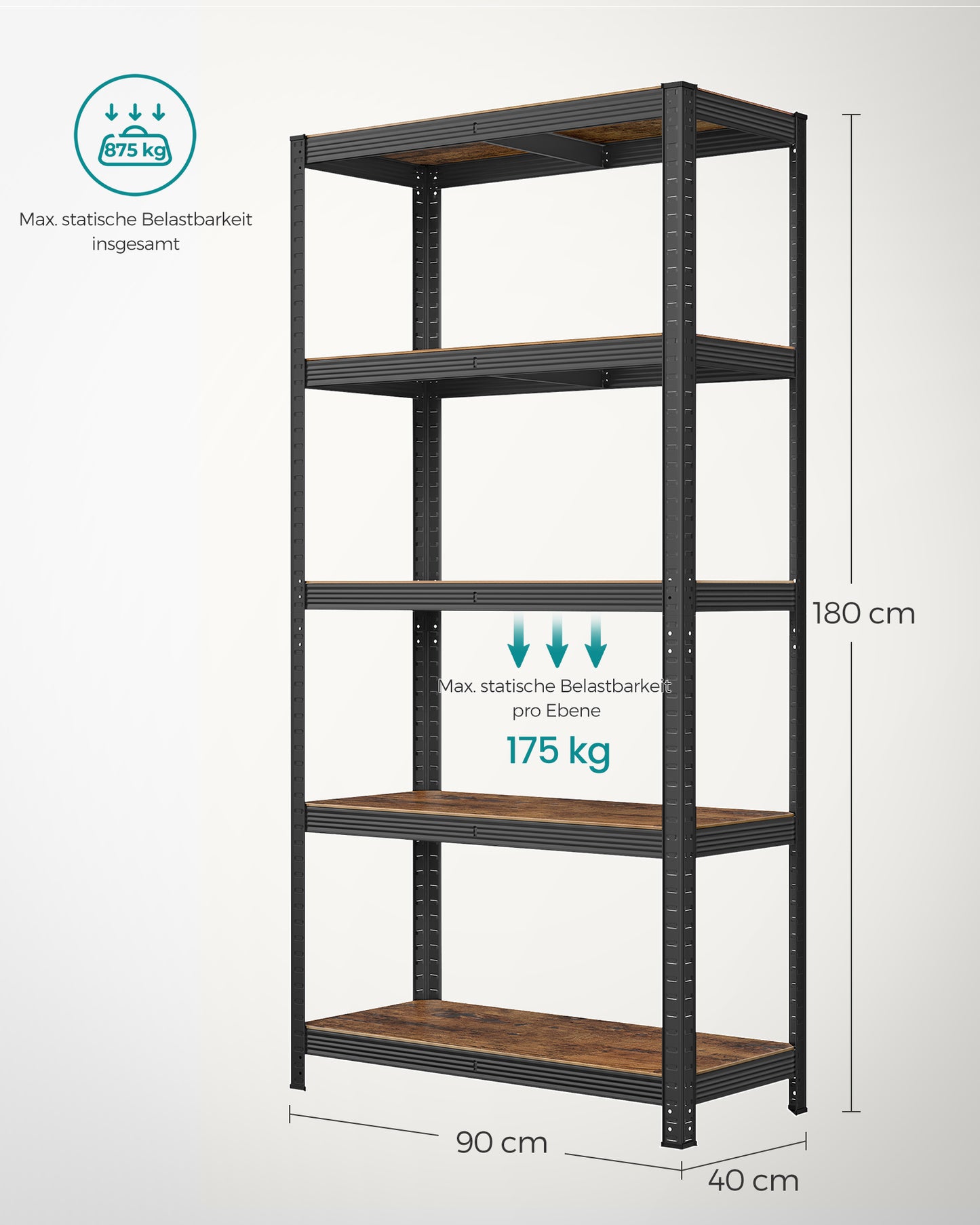 Schwerlastregal, Kellerregal, Lastenregal, 5 Ablagen, Standregal, 40x90x180cm, bis zu 875 kg, braun-schwarz, Songmics, 7