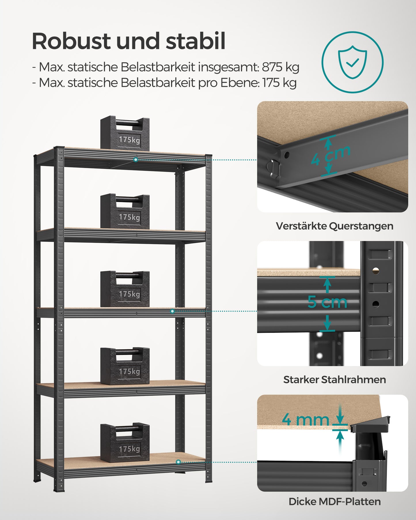 Schwerlastregal, Kellerregal, Lastenregal, 5 Ablagen, 40x90x180cm,  bis 875kg, Standregal, Abstellraum Regal, Grau, Songmics, 3