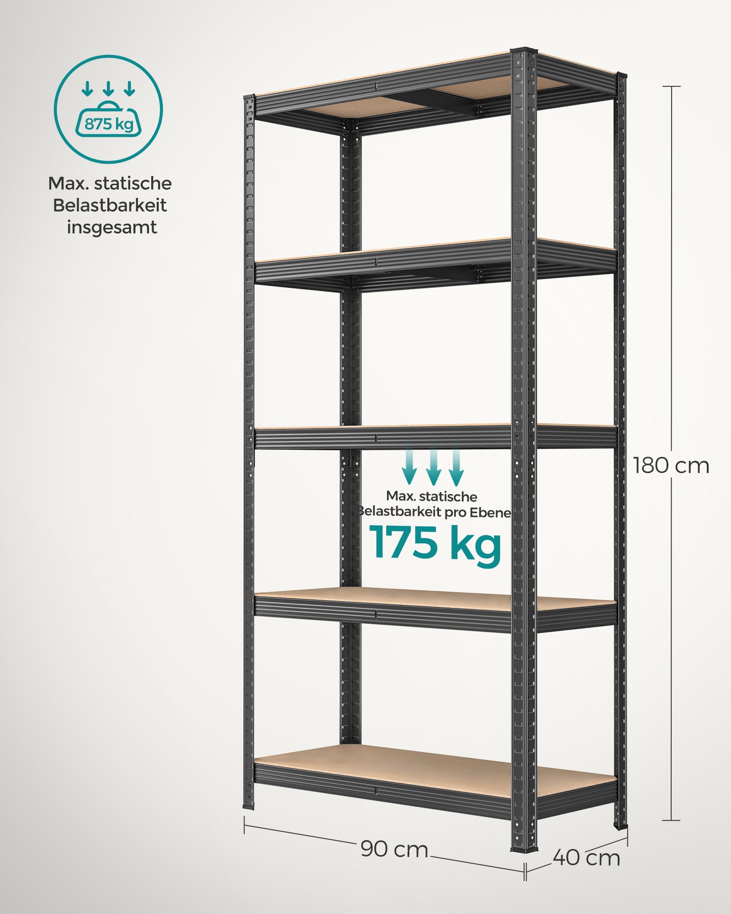 Schwerlastregal, Kellerregal, Lastenregal, 5 Ablagen, 40x90x180cm,  bis 875kg, Standregal, Abstellraum Regal, Grau, Songmics, 7