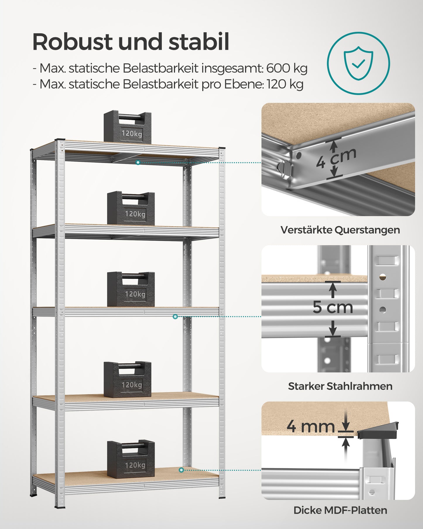 Schwerlastregal, Kellerregal, Lastenregal, 5 Ablagen, 50x100x200cm, bis 600 kg, Standregal, Silbern, Songmics, 3