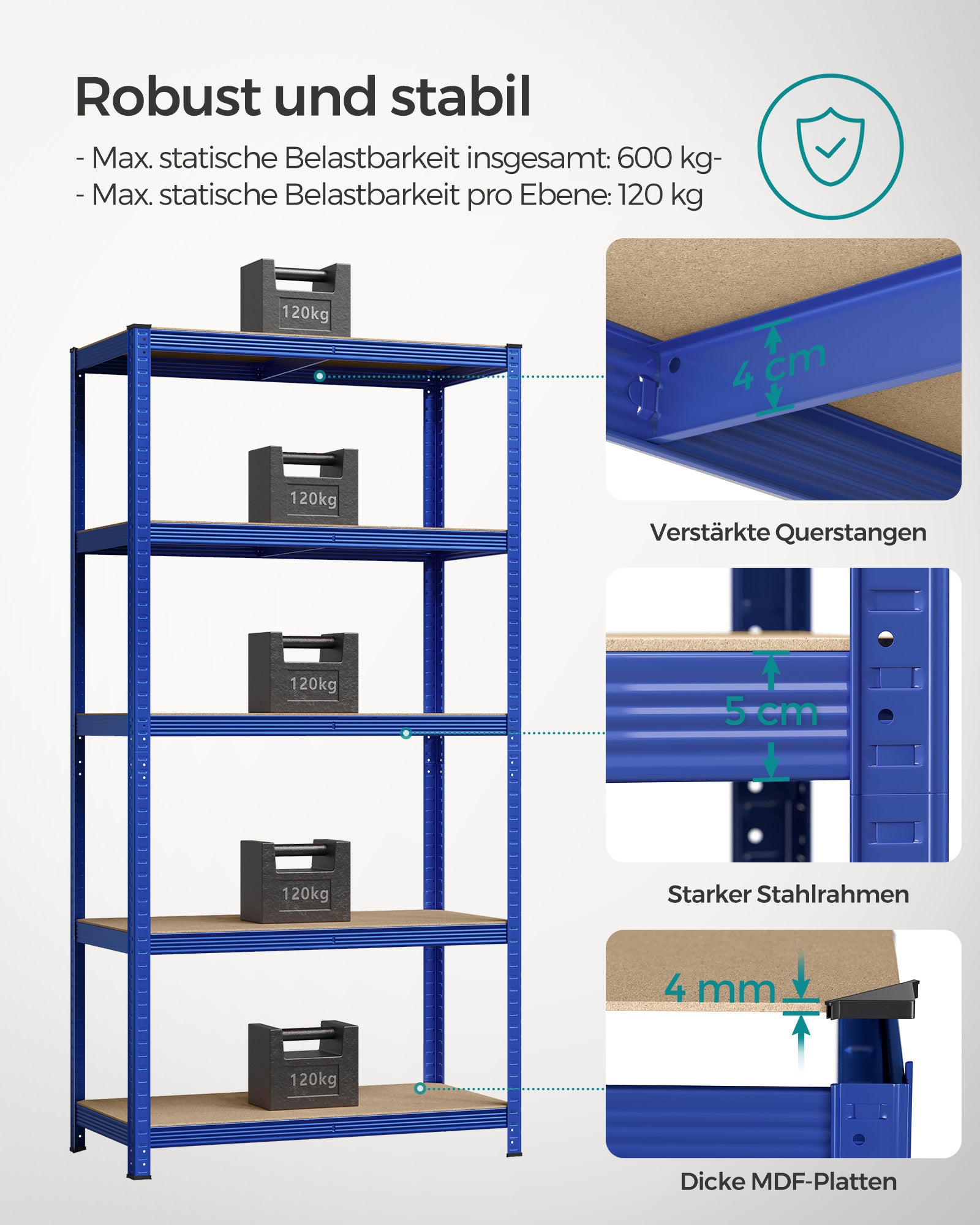 Schwerlastregal, Kellerregal, Lastenregal, 5 Ablagen, 50x100x200cm, bis 600 kg, Standregal, Blau, Songmics, 3