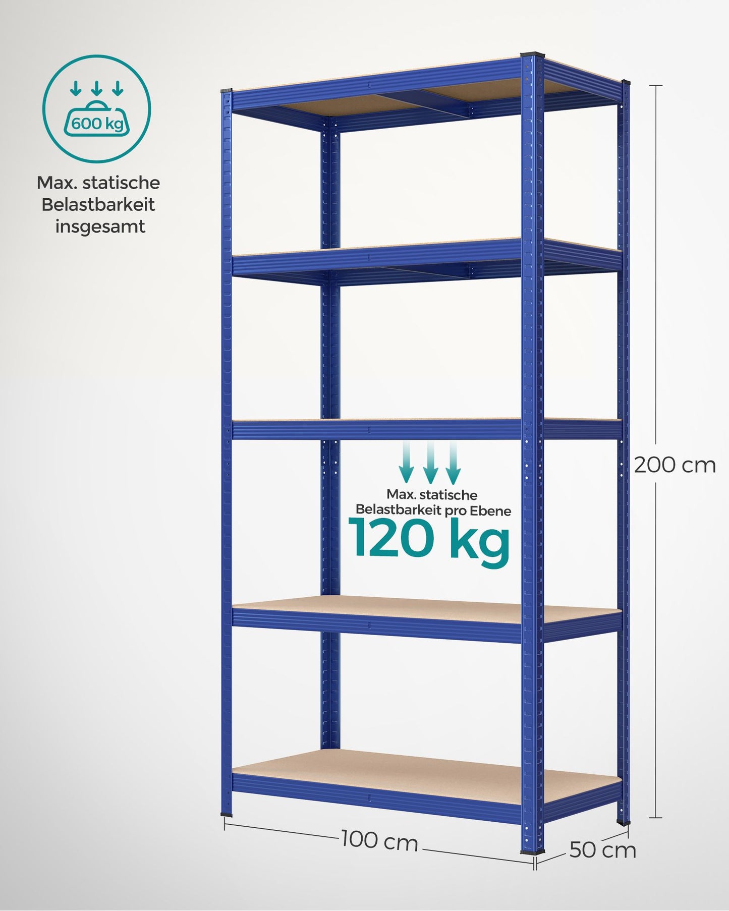 Schwerlastregal, Kellerregal, Lastenregal, 5 Ablagen, 50x100x200cm, bis 600 kg, Standregal, Blau, Songmics, 7