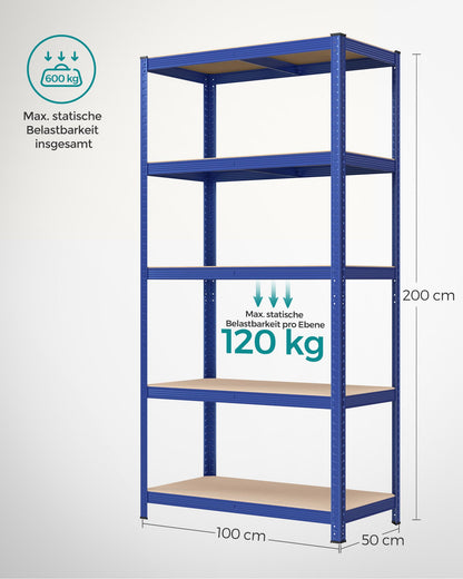 Schwerlastregal, Kellerregal, Lastenregal, 5 Ablagen, 50x100x200cm, bis 600 kg, Standregal, Blau, Songmics, 7