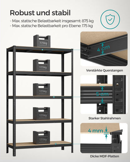 Schwerlastregal, Lastenregal, 60x120x200cm, 5 Ablagen, Kellerregal, Standregal, bis 750kg Schwarz, Songmics, 3