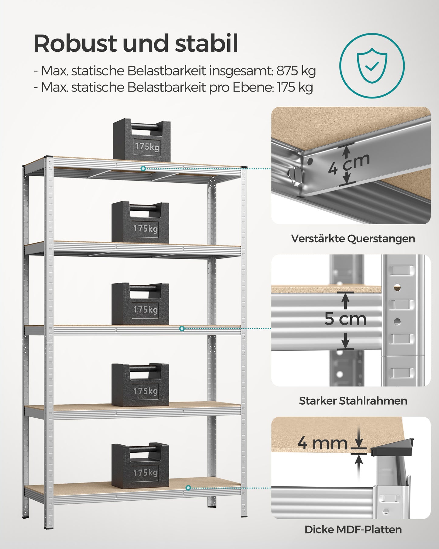 Schwerlastregal, Kellerregal, Lastenregal, 5 Ablagen, 60x120x200cm, Standregal, bis zu 750kg, Silbern, Songmics, 3