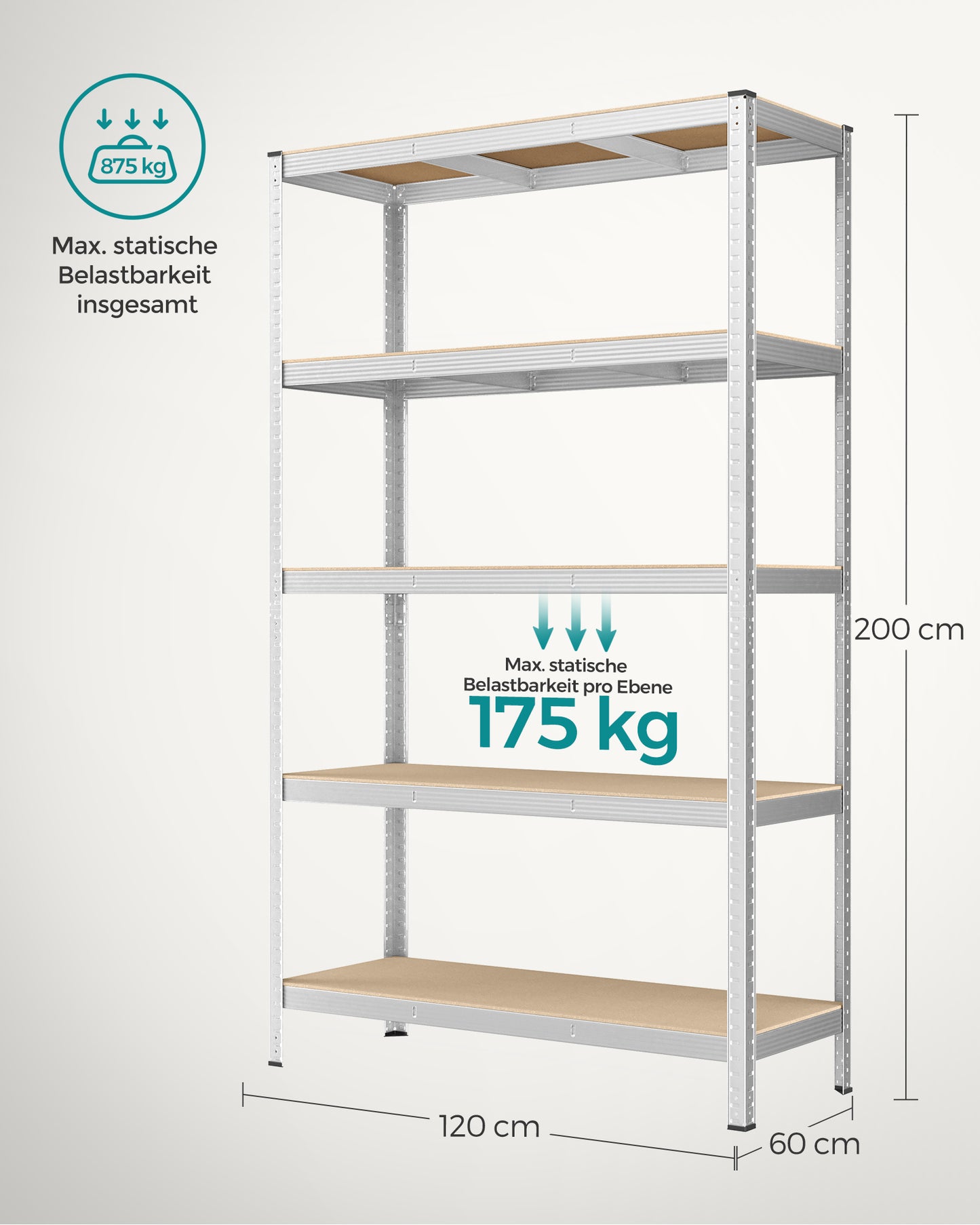 Schwerlastregal, Kellerregal, Lastenregal, 5 Ablagen, 60x120x200cm, Standregal, bis zu 750kg, Silbern, Songmics, 7