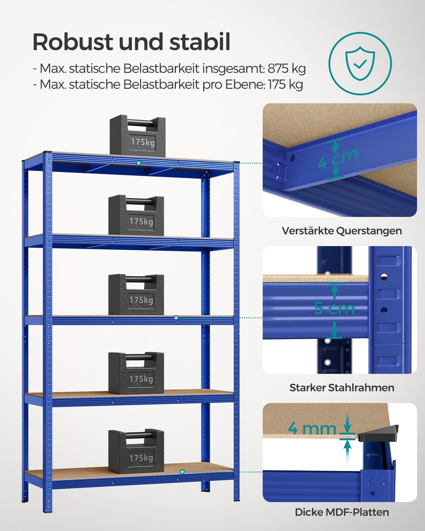 Schwerlastregal, Kellerregal, Lastenregal, 5 Ablagen, 60x120x200cm, Abstellraum Regal, bis 750kg Standregal, Blau, Songmics, 3