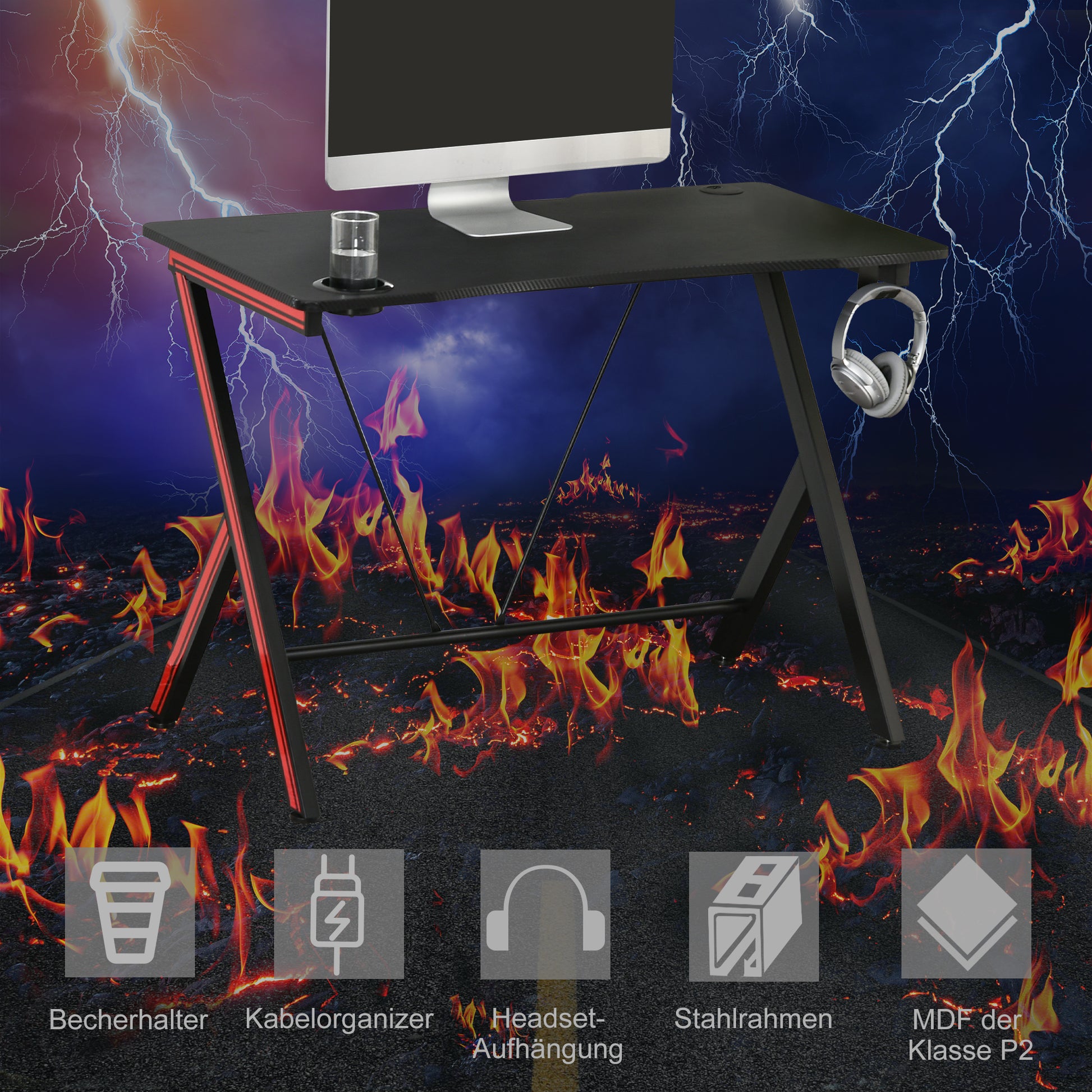 Gaming-Tisch, Schreibtisch, mit Kopfhörerhaken und Getränkehalter, Schwarz, HOMCOM, 2