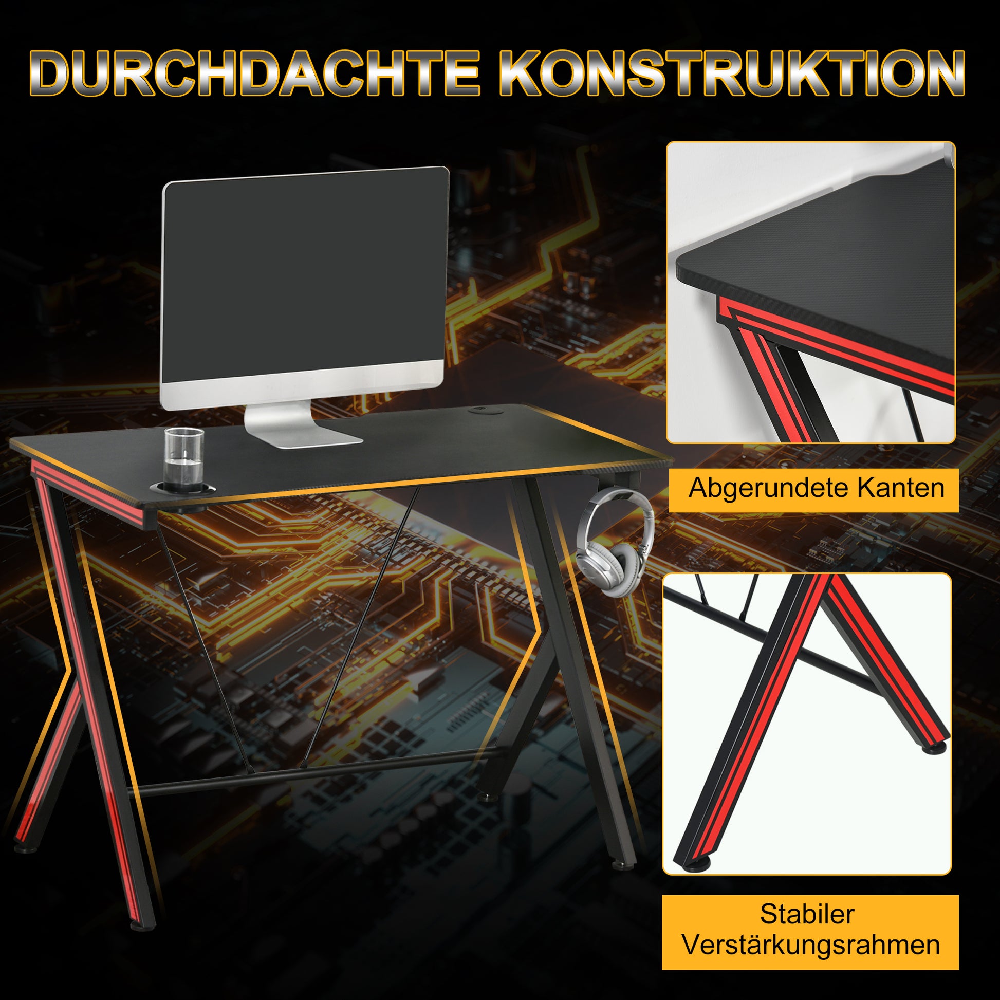 Gaming-Tisch, Schreibtisch, mit Kopfhörerhaken und Getränkehalter, Schwarz, HOMCOM, 4