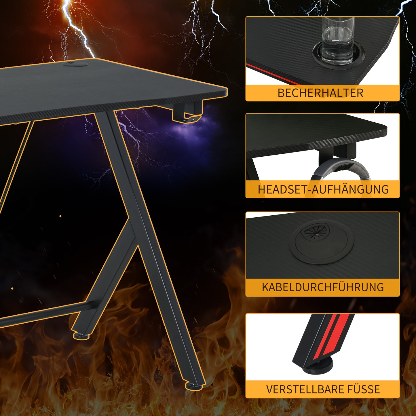 Gaming-Tisch, Schreibtisch, mit Kopfhörerhaken und Getränkehalter, Schwarz, HOMCOM, 5