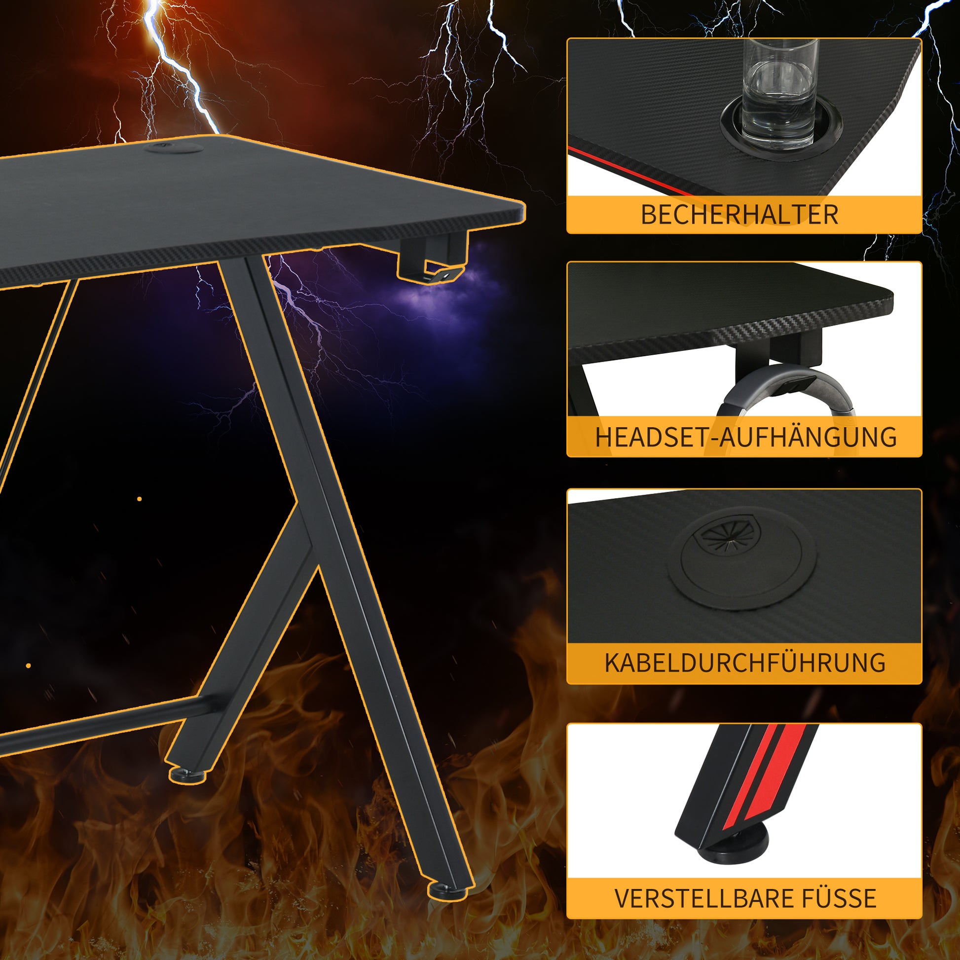 Gaming-Tisch, Schreibtisch, mit Kopfhörerhaken und Getränkehalter, Schwarz, HOMCOM, 5