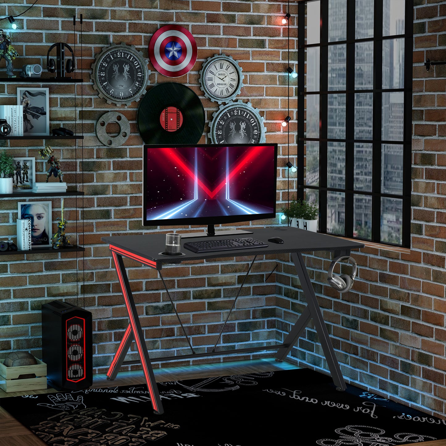 Gaming-Tisch, Schreibtisch, mit Kopfhörerhaken und Getränkehalter, Schwarz, HOMCOM, 9