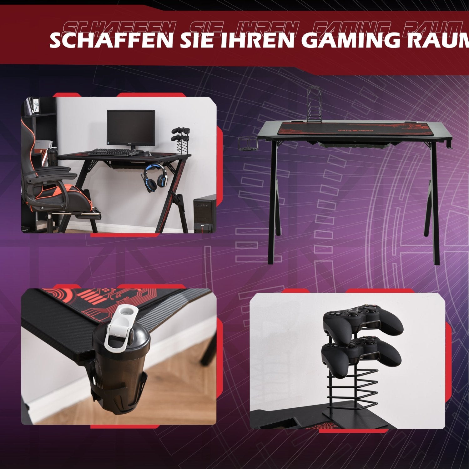 Gaming Tisch, Schreibtisch, Gamer Tisch, Computertisch, mit Kopfhörerhaken, 5-lagigen Controller-Halter,Schwarz , HOMCOM, 3