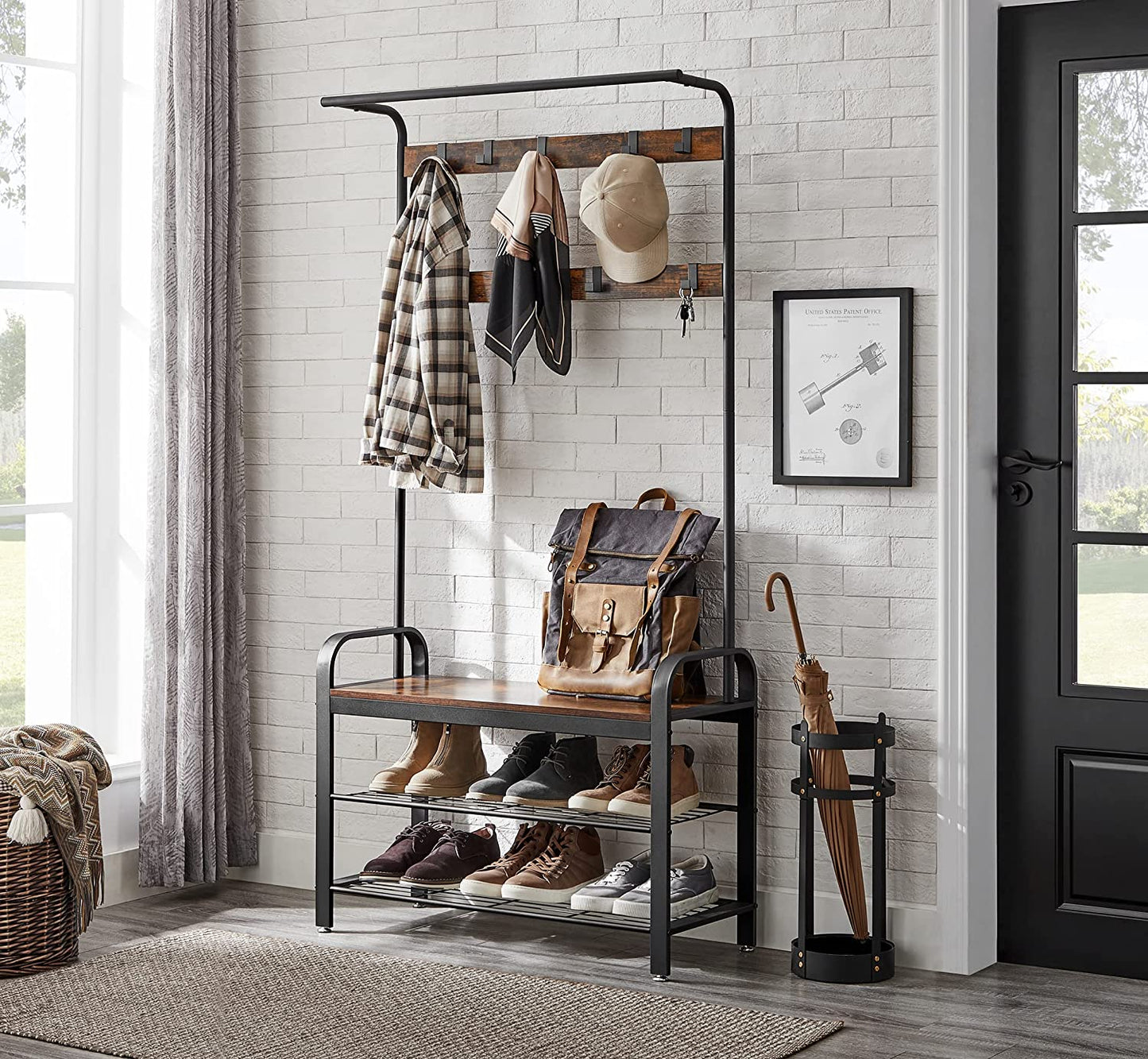 Garderobe, Flurgarderobe, Flurgarderobe mit Sitzbank, Schuhregal mit Sitzfläche, Kleiderständer mit 9 Haken, Vasagle