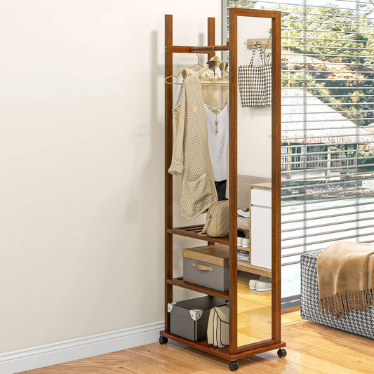 Standspiegel, Garderobe mit Spiegel, Kleiderständer Holz, Ganzkörperspiegel, Kleiderständer auf rollen, 3 Ebenen, Holz, HOMCOM
