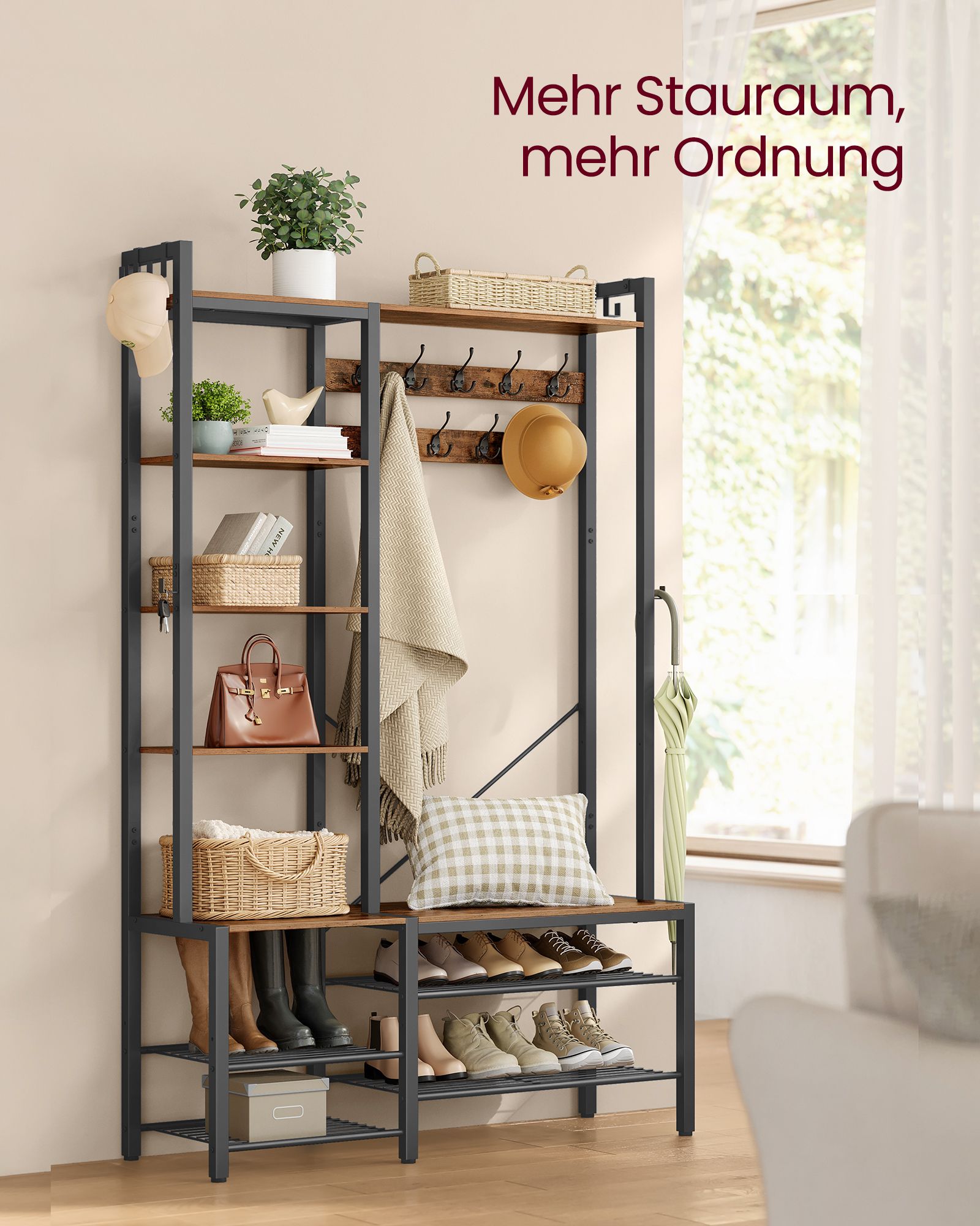 Garderobenständer, Garderobe, mit Schuhbank, Schwerlast Kleiderständer, VASAGLE, 2