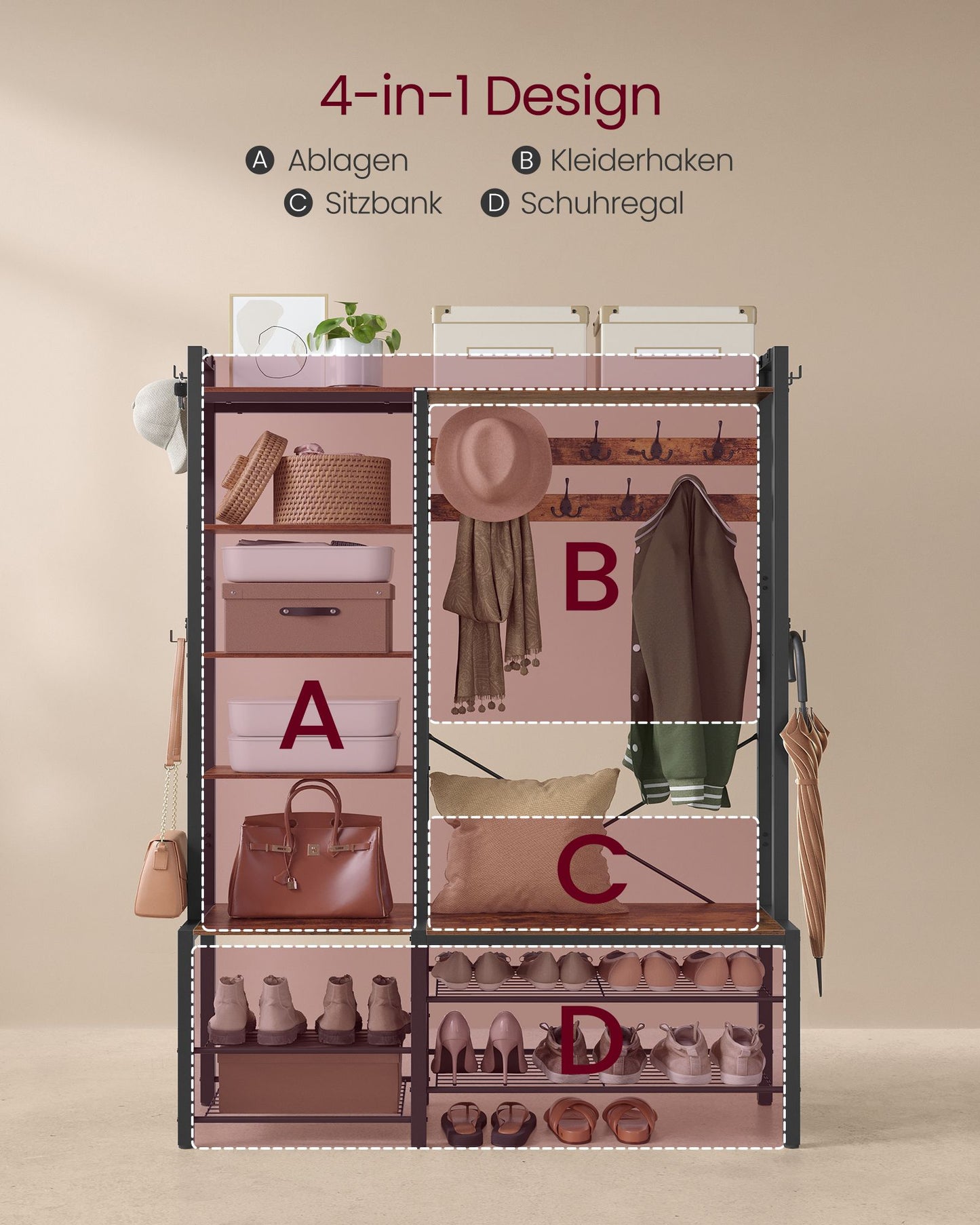 Garderobenständer, Garderobe, mit Schuhbank, Schwerlast Kleiderständer, VASAGLE, 3