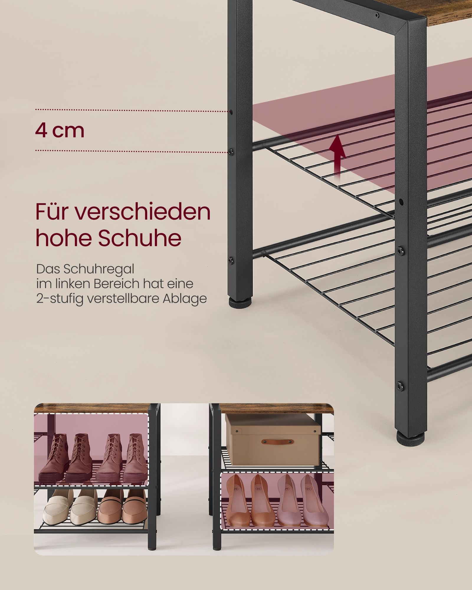 Garderobenständer, Garderobe, mit Schuhbank, Schwerlast Kleiderständer, VASAGLE, 4
