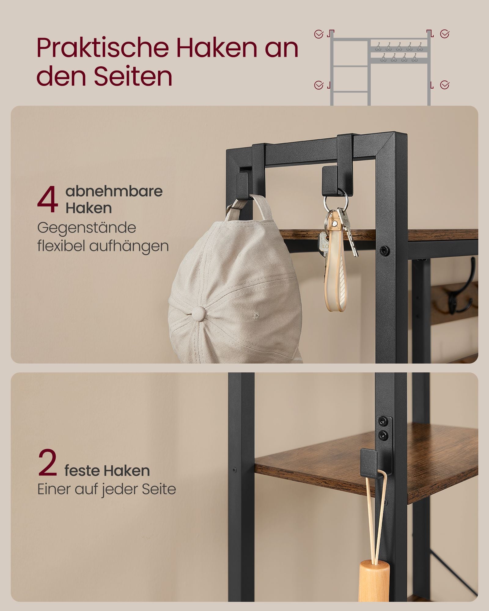 Garderobenständer, Garderobe, mit Schuhbank, Schwerlast Kleiderständer, VASAGLE, 5