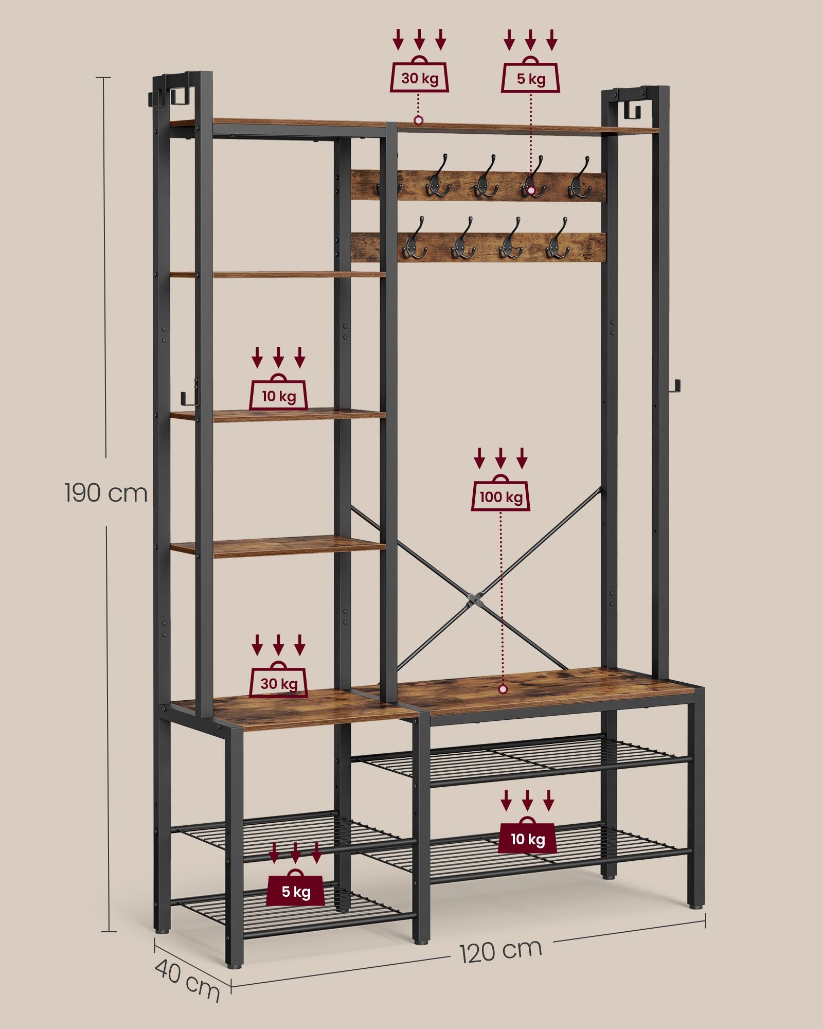 Garderobenständer, Garderobe, mit Schuhbank, Schwerlast Kleiderständer, VASAGLE, 7