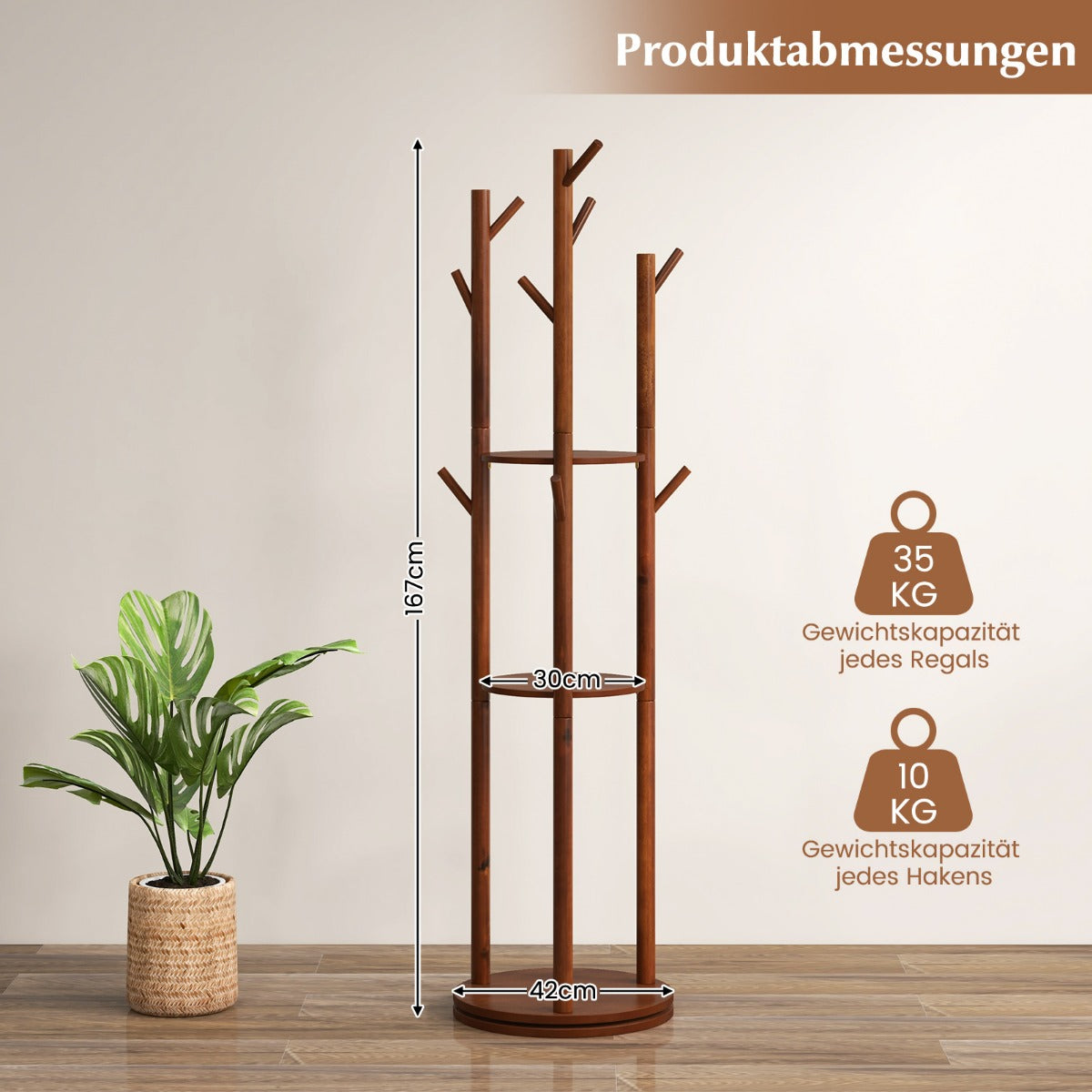 Kleiderständer Holz, mit 3 Ablagefächern & 9 Haken –