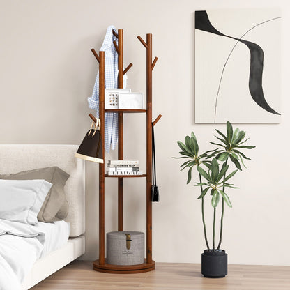Garderobenständer, Kleiderständer Holz, Garderobenständer Holz, Drehbarer, mit 3 Ablagefächern & 9 Haken, Costway, 7