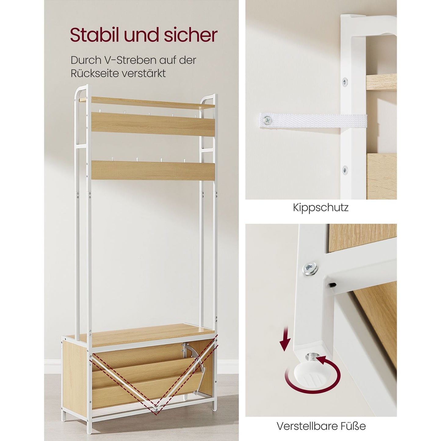 Garderobenständer mit Schuhschrank, Garderobe mit Sitzbank, Kleiderständer, Schuhkipper, 9 Haken, obere Ablage, VASAGLE, 8