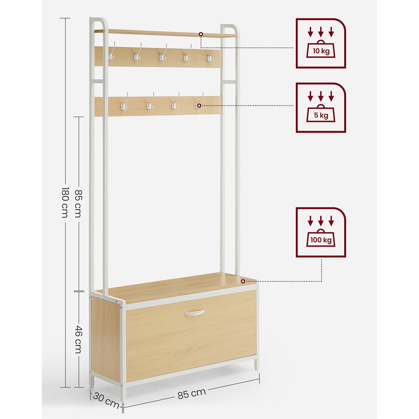 Garderobenständer mit Schuhschrank, Garderobe mit Sitzbank, Kleiderständer, Schuhkipper, 9 Haken, obere Ablage, VASAGLE, 7