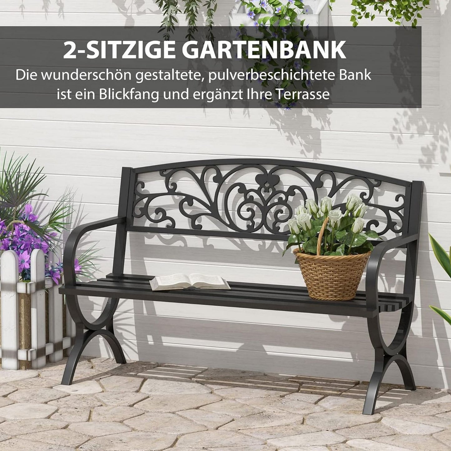 Gartenbank, 2-Sitzer, Gartenbank wetterfest, Outdoor Sitzbank, Sitzbank mit lehne, Metall, Schwarz, Outsunny, 3