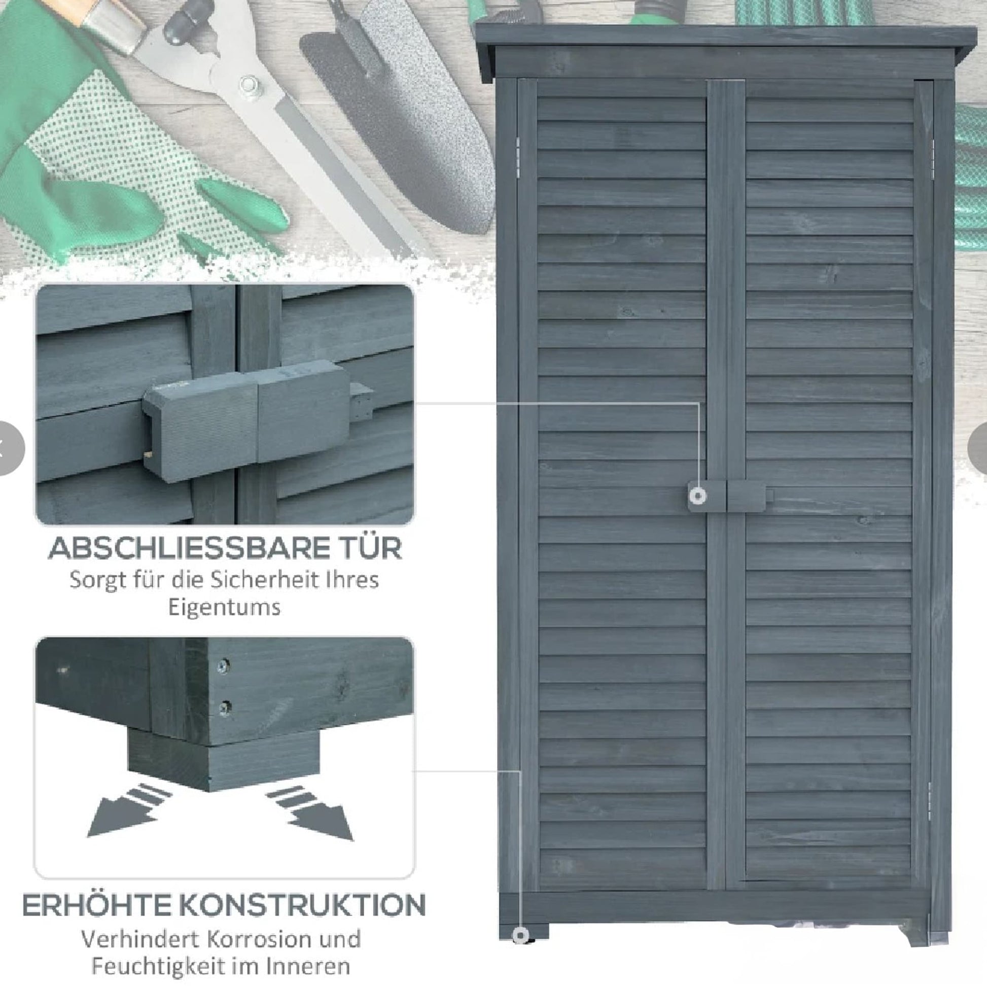 Gartenschrank Holz, Outdoor Schrank, Terrassenschrank, Gerätehaus mit Pultdach, Bitumenpappe, Grau, Outsunny, 10