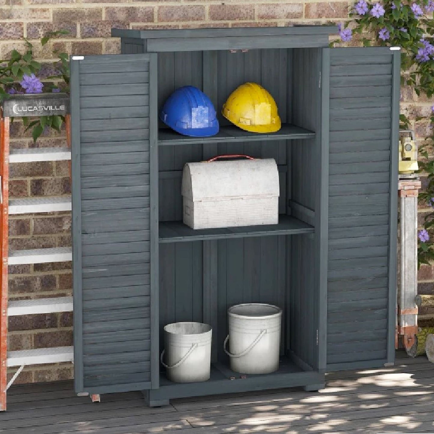 Outsunny - Gartenschrank Holz, Outdoor Schrank, Terrassenschrank, Gerätehaus mit Pultdach, Bitumenpappe, Lamellentüren, Grau, 87x46,5x160cm
